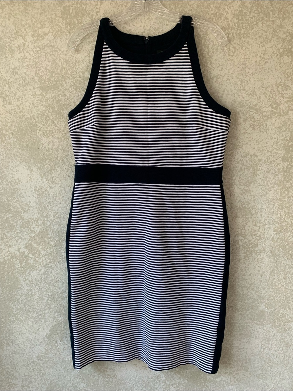 Ann Taylor Black and White Striped Midi Sheath Dress